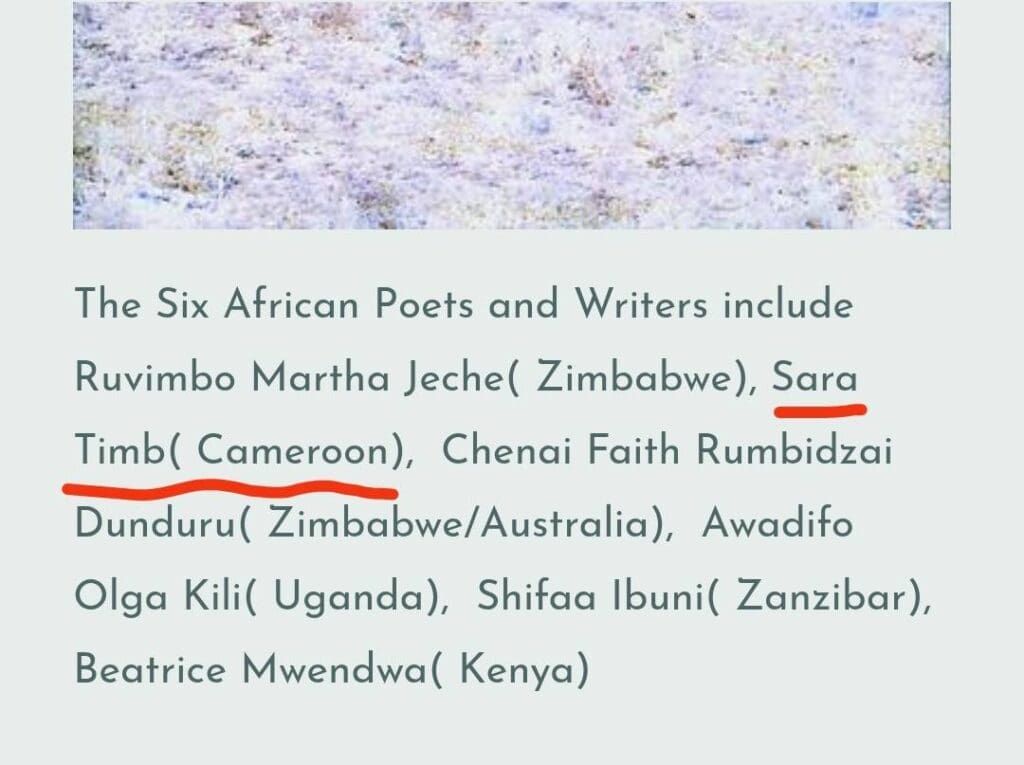 La Camerounaise Sara Timb continue d'élever la voix poétique féminine africaine sur la scène internationale. Elle fait partie des six 
