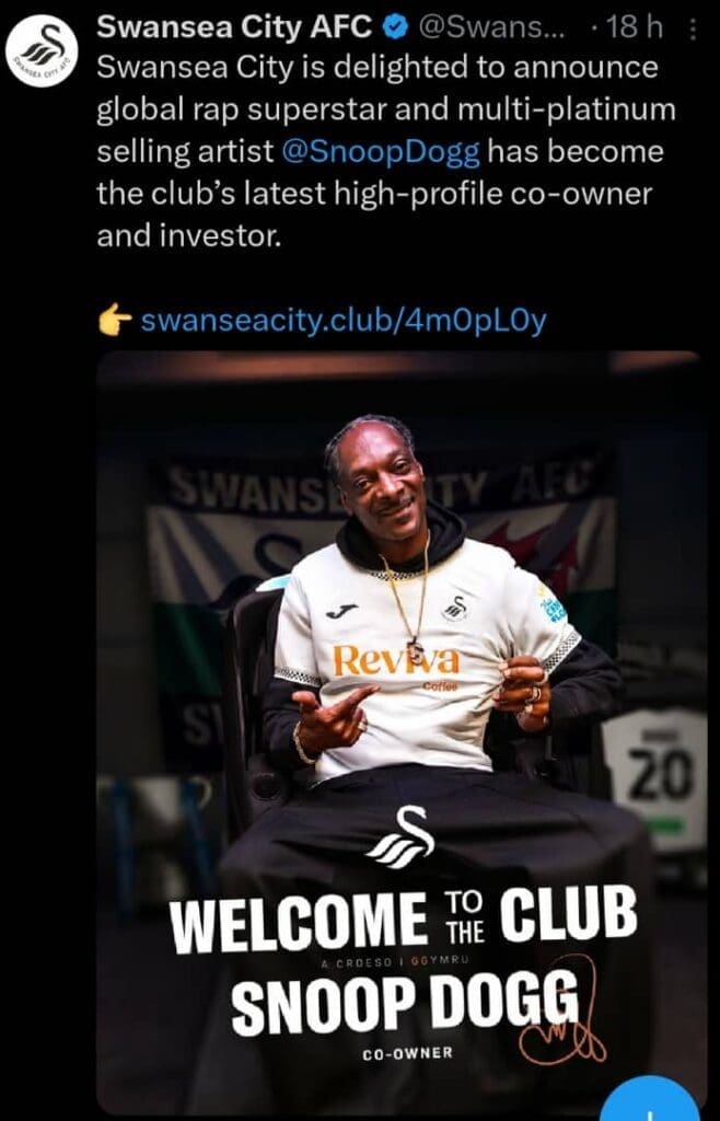 Snoop Dogg, devient copropriétaire du club de football gallois de Swansea