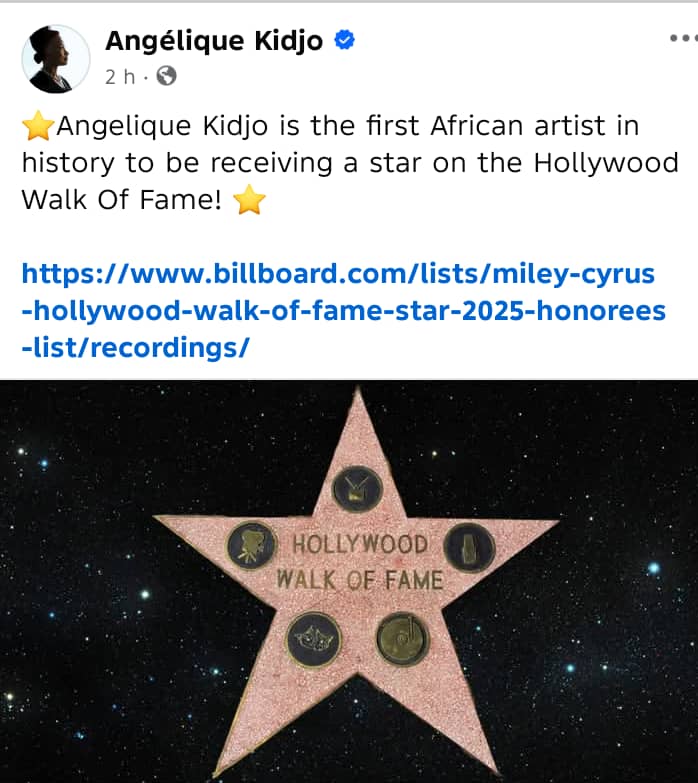 La star béninoise Angélique Kidjo intègrera officiellement la promotion 2026 du Hollywood "Walk of Fame". L’annonce a été faite 