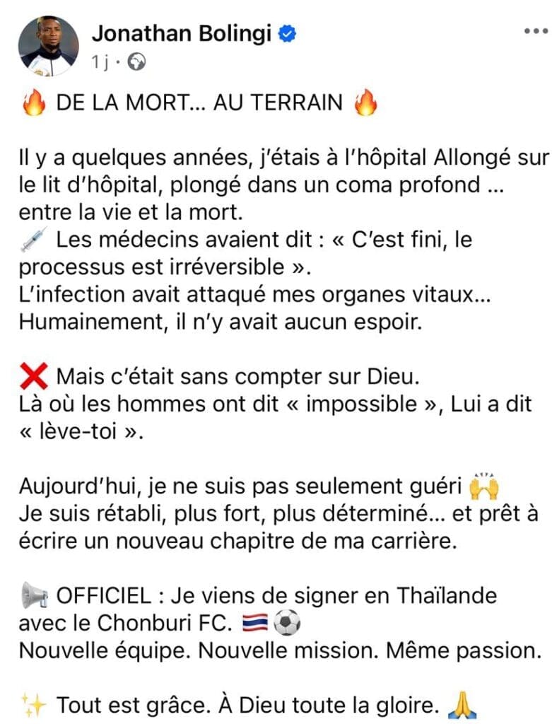 Le 13 août 2025, l'international congolais Jonathan Bolingi a partagé sur ses réseaux sociaux un témoignage marquant, revenant sur l’un 