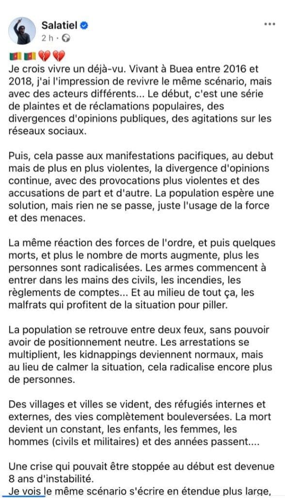 Dans la soirée du 28 octobre 2025, l’artiste camerounais Salatiel a publié un message appelant à l’écoute et à la paix. Dans un contexte 