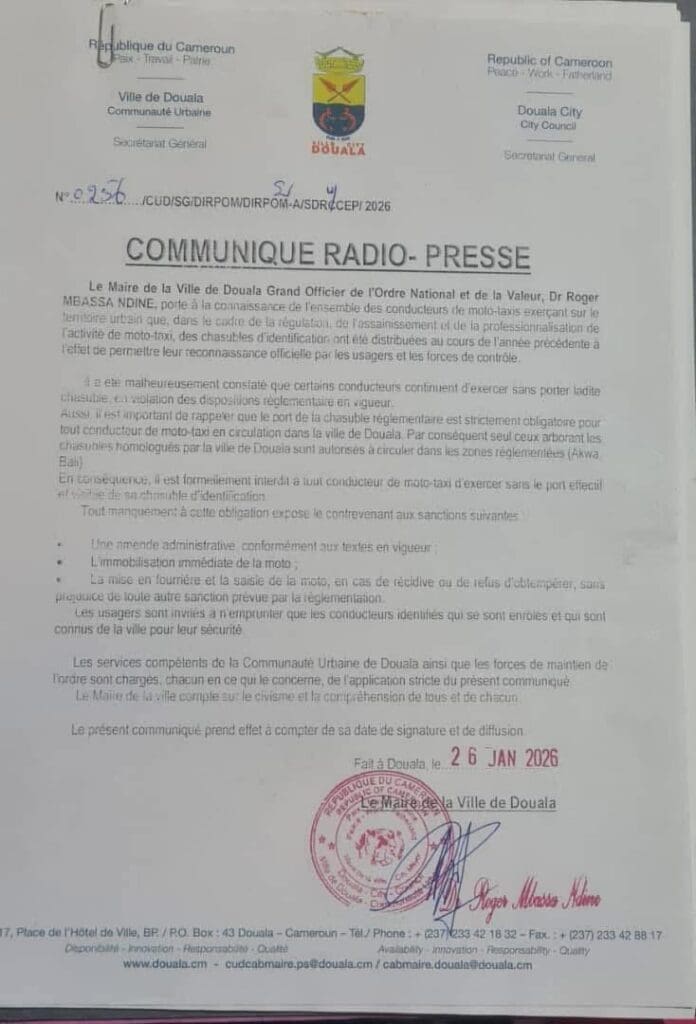 Douala : Le maire réaffirme l’obligation du port de chasuble pour les moto-taximen
