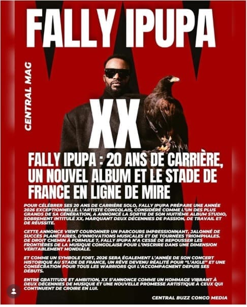 Figure emblématique de la rumba congolaise, Fally Ipupa célèbre en 2026 ses 20 ans de carrière solo avec la sortie de son nouvel album "XX", attendu le 17 avril.