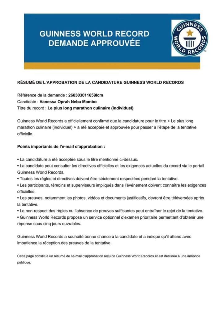 la cheffe Vanessa Oprah Neba Mambo se lance dans un grandiose marathon culinaire avec un objectif clair : inscrire son nom au Guinness World Records